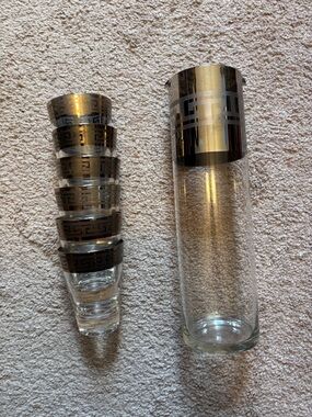 Glass Carafe and Tumbler Set with Silver Greek-Key Accent - Modern Tabletop